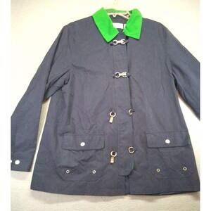 Alfred Dunner Women Dark Blue/Green Full Zip Hook Clasp Trench Coat Jacket M 10